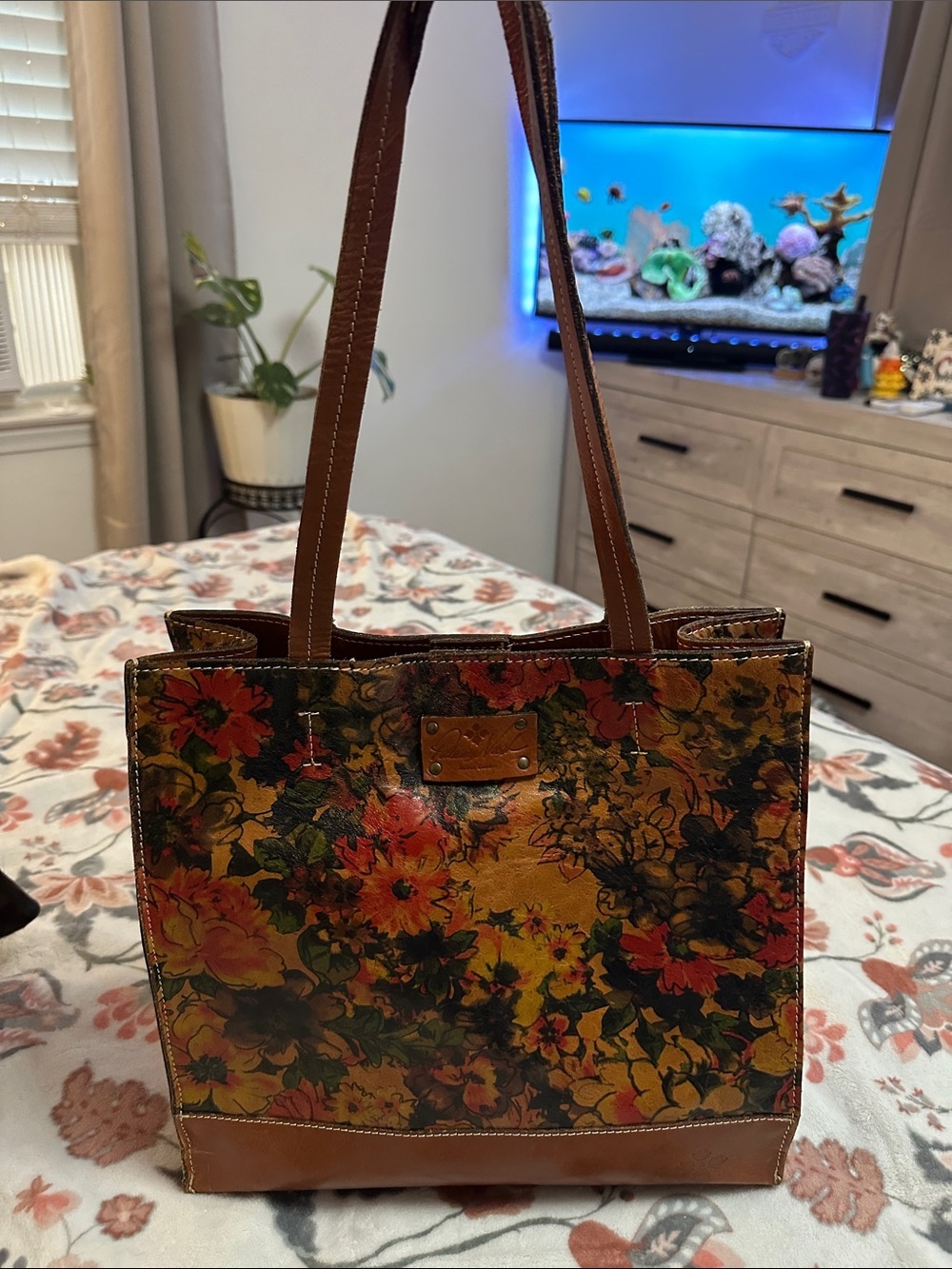 Patricia Nash Italian leather Tote with Multicolor Bloom Print